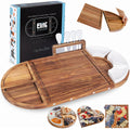 Large Wooden Charcuterie Board Set - 3 - Piece Magnetic Long Serving Board Tray with Charcuterie Accessories - Acacia Wood Cheese Platter with Cheese Knife Set & Ceramic Dishes - Brown - Inflight Essentials