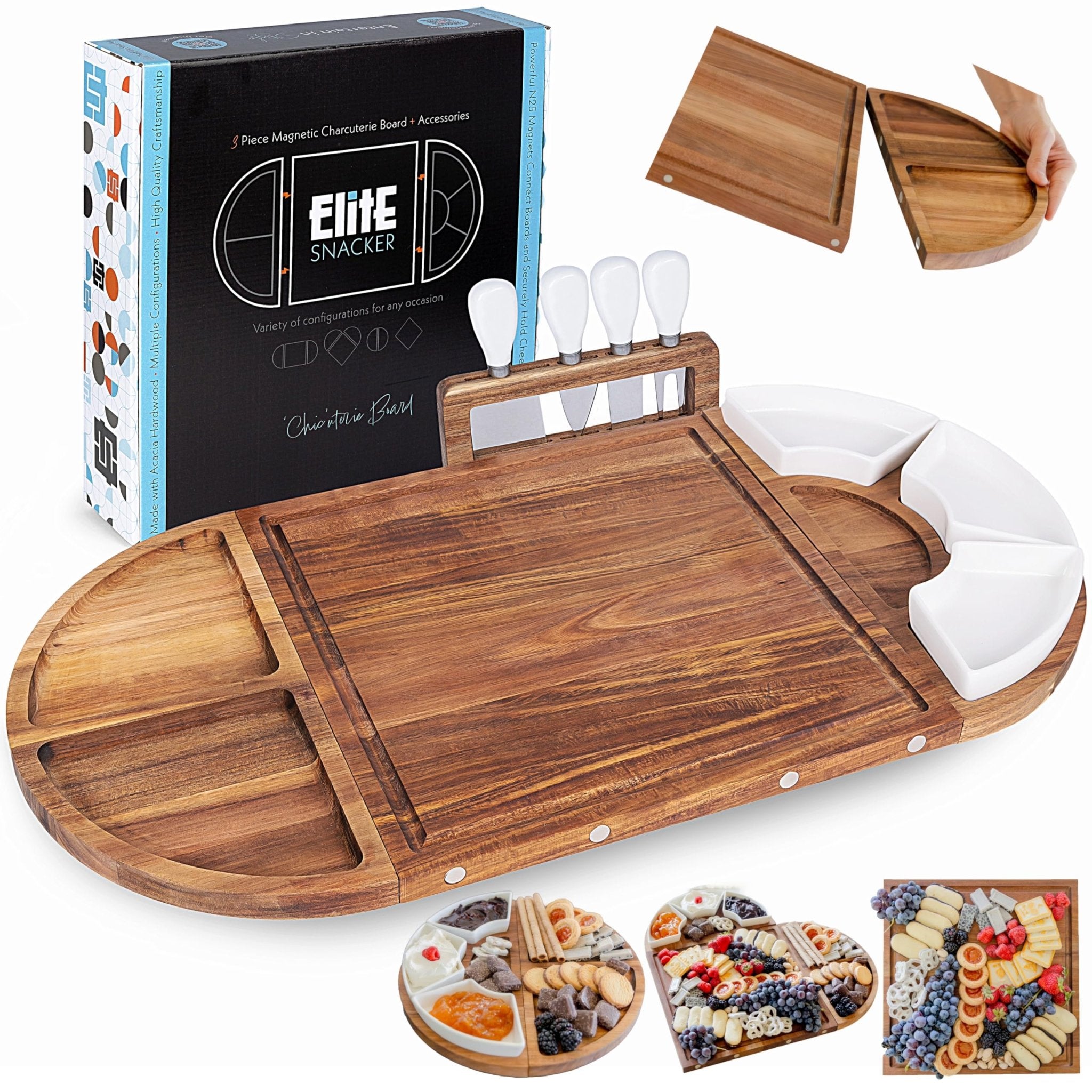 Large Wooden Charcuterie Board Set - 3 - Piece Magnetic Long Serving Board Tray with Charcuterie Accessories - Acacia Wood Cheese Platter with Cheese Knife Set & Ceramic Dishes - Brown - Inflight Essentials