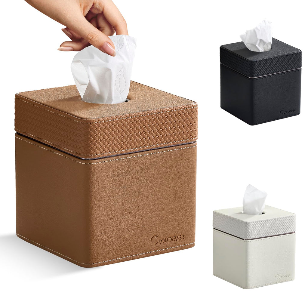 Cloudever Tissue Box Holder Cover Modern PU Leather Square Decorative Tissue Holder Organizer - Woven New Brown - Inflight Essentials