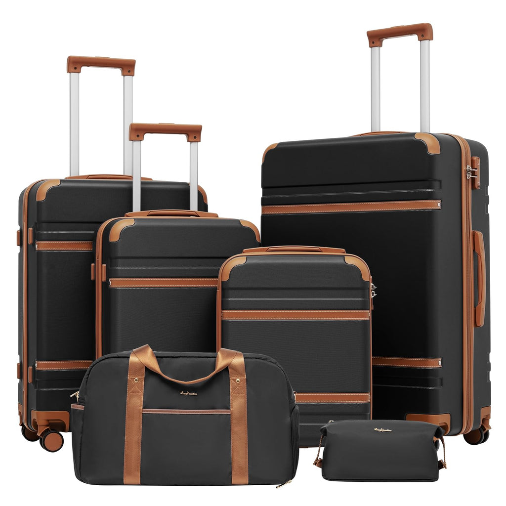 LONG VACATION Luggage Set 4 Piece Luggage ABS Carry on Suitcase Hardside Luggage with TSA Lock Spinner Wheels Travel Bag(Black Brown 6 piece set) - Inflight Essentials