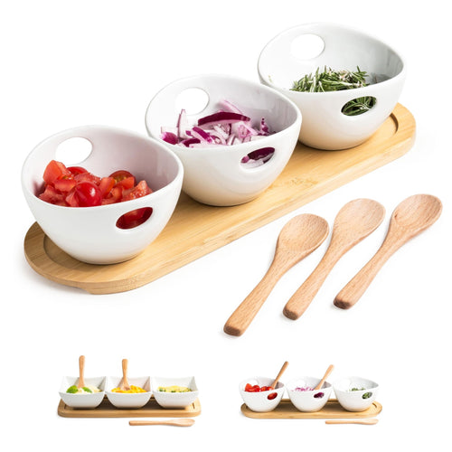 Chip and Dip Serving Set Dipping Sauce Bowls Divided Serving Dishes with Wooden Spoons Ceramic Dip Bowl Display Serving Tray for Party Dinner Entertaining - Inflight Essentials