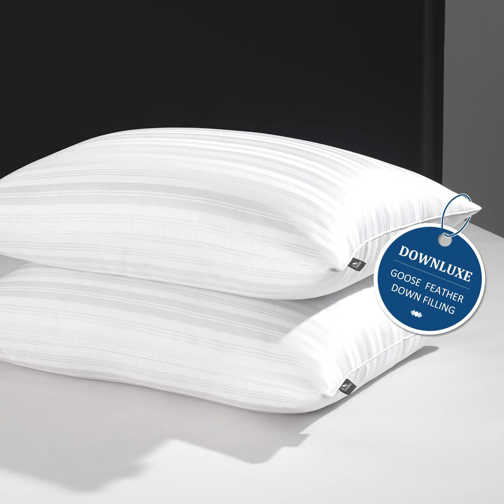 downluxe Goose Down Pillows - Hotel Collection Feather Pillows Set of 2 for Back Stomach or Side Sleepers Queen Size (20"x28") - Inflight Essentials