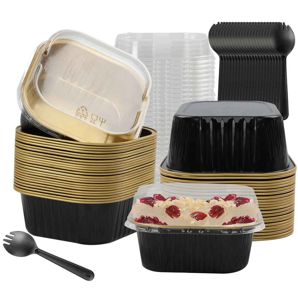 Square Foil Baking Cups BAKINGPAK 30PCS 10oz Mini Cake Pans With Lids Mini Aluminum Pans with Lids Disposable Ramekins With Lids Individual Cake Pans with Lids for Children Party Birthday Black Gold - Inflight Essentials
