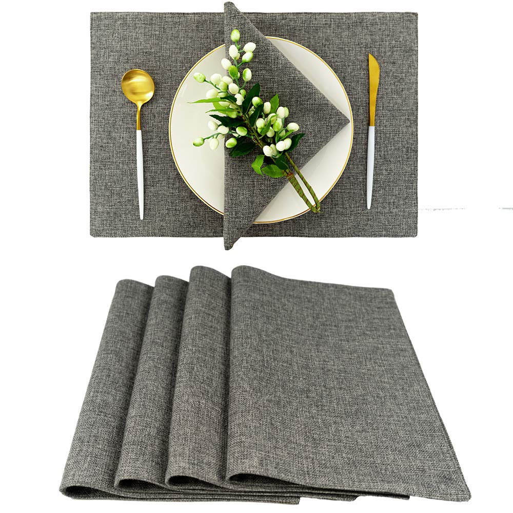 Spring Garden Home Farmhouse Faux Linen Placemats Set Decorative Washable Woven Place Mats for Dinning Table Set of 4 (13"x19" Dark Grey) - Inflight Essentials