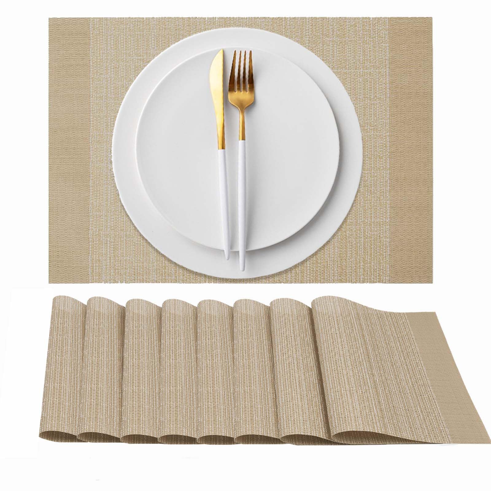 AHHFSMEI Placemats Set of 8 Woven Vinyl Plastic 18.1x13 inches Place Mats Non - Slip Heat Resistant Washable Easy Clean Table Mats(Light Brown 8) - Inflight Essentials