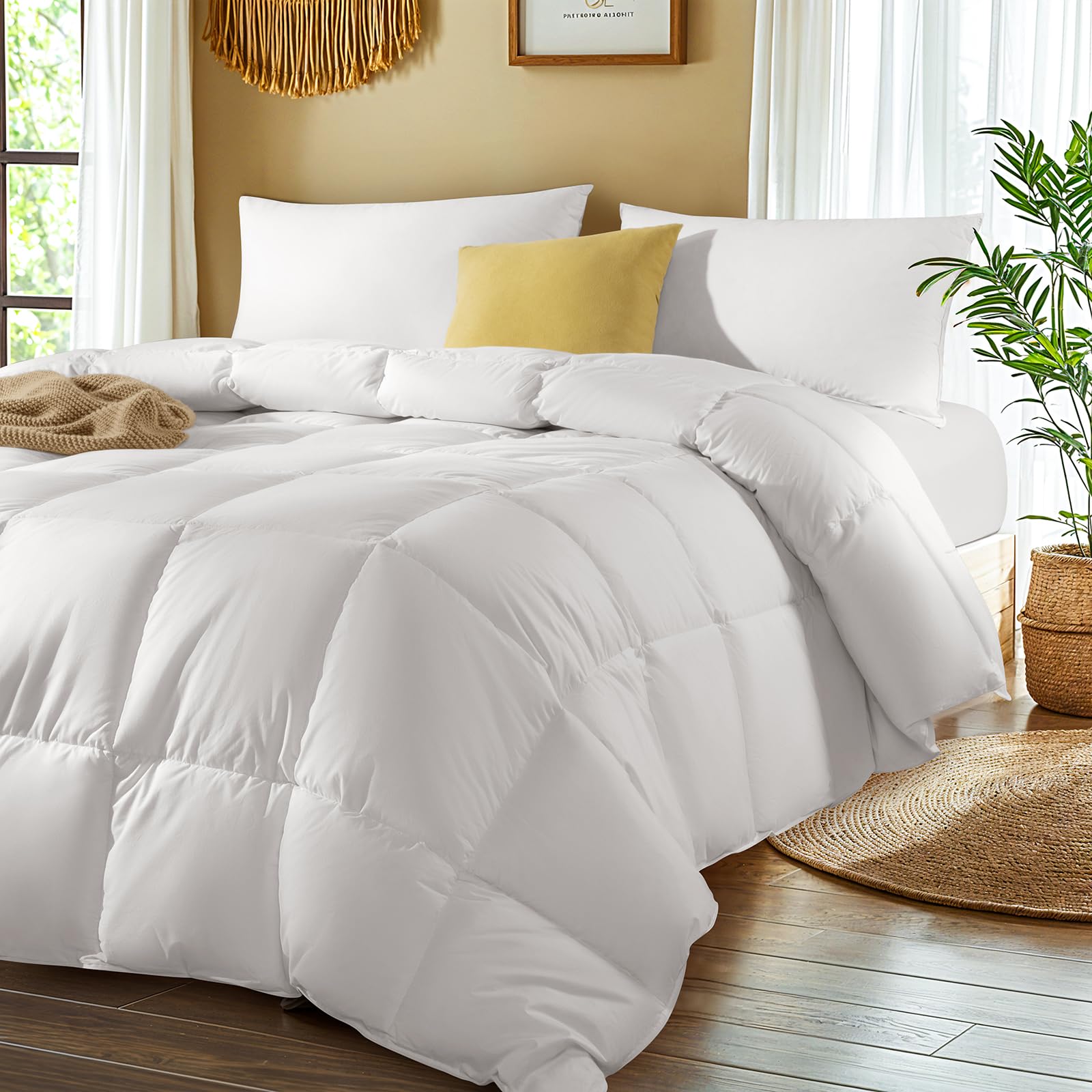 Shilucheng Hungarian Goose Down Comforter Queen Size 70 oz. Fill Weight Soft 100% Organic Cotton Fabric 850 Fill Power All Season Duvet Insert Hotel Quality Comforter Fluffy and Cozy (White) - Inflight Essentials