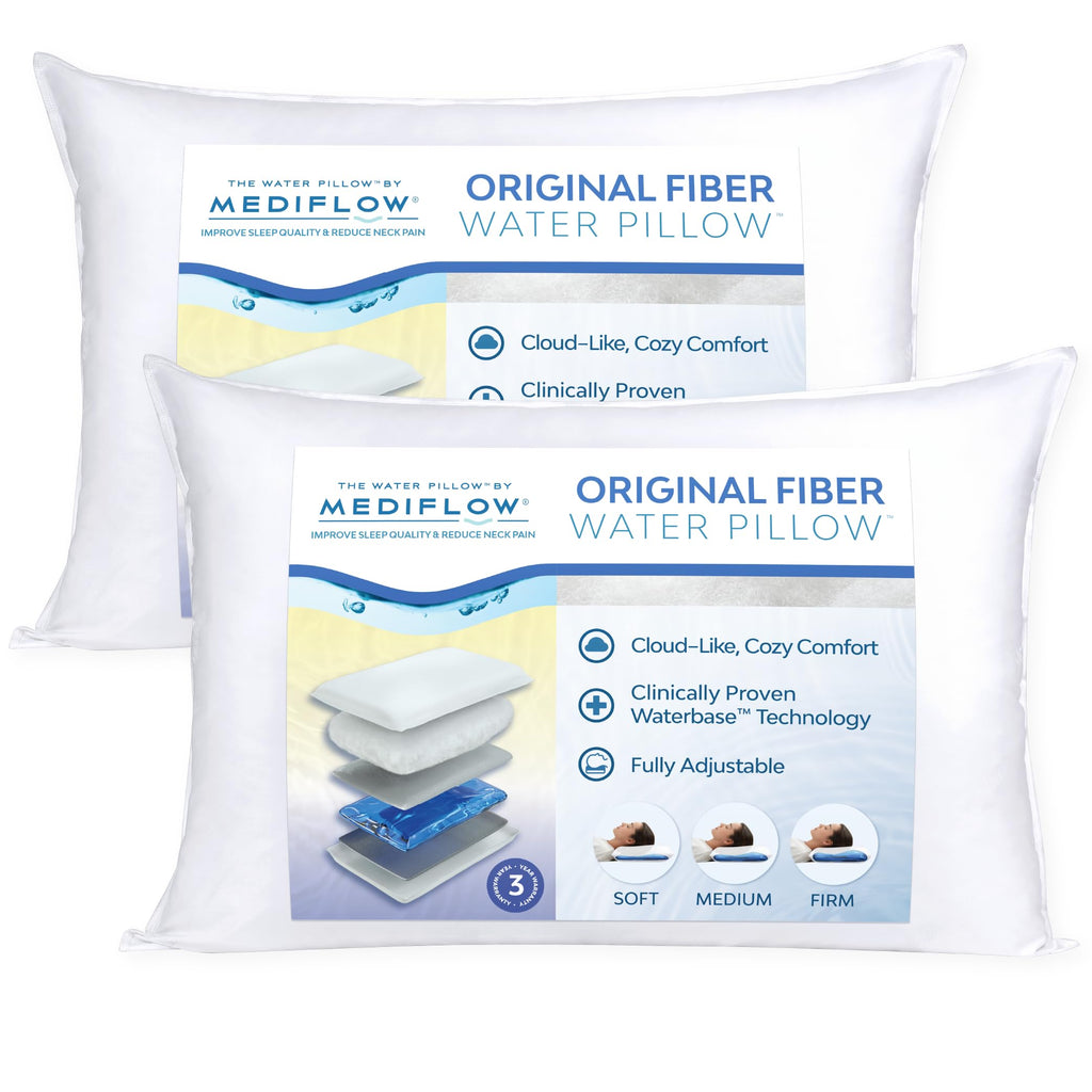 Mediflow Fiber Water Pillow - Adjustable Pillow for Neck Pain Relief Pillow for Side Back and Stomach Sleepers The Original Inventor of The Water Pillow Clinically Proven Bed Pillow (2 Pillows) - Inflight Essentials