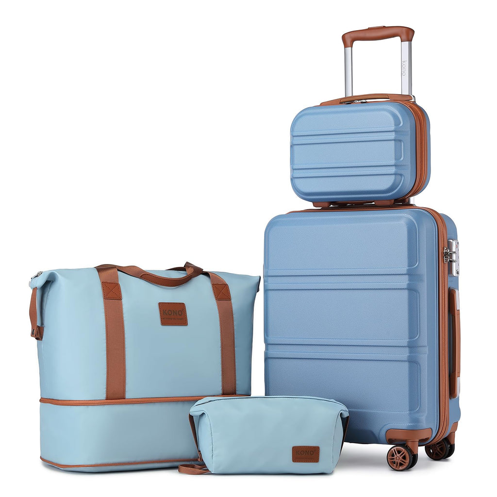 Kono Luggage Set 4 Piece Carry On Hardside Luggage with TSA Lock Spinner Wheels Carry On Suitcase Apricot Blue - Inflight Essentials