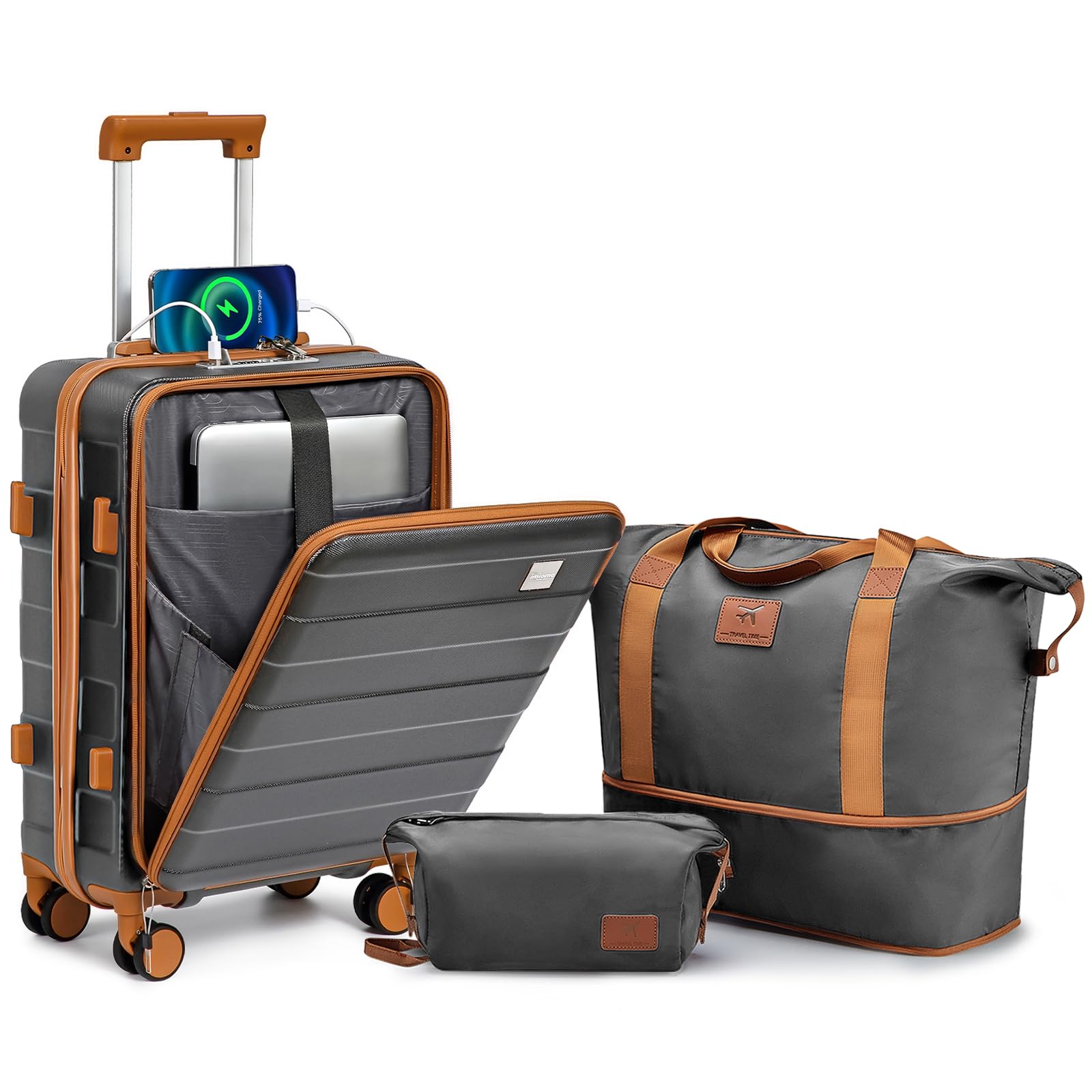 imiomo Carry on Luggage 22x14x9 Airline Approved ABS Lightweight Hard Shell Carry on Suitcase 20 Inch Travel Luggage with Spinner Wheels Rolling Suitcase with USB Port (Grey Carry on luggage) - Inflight Essentials
