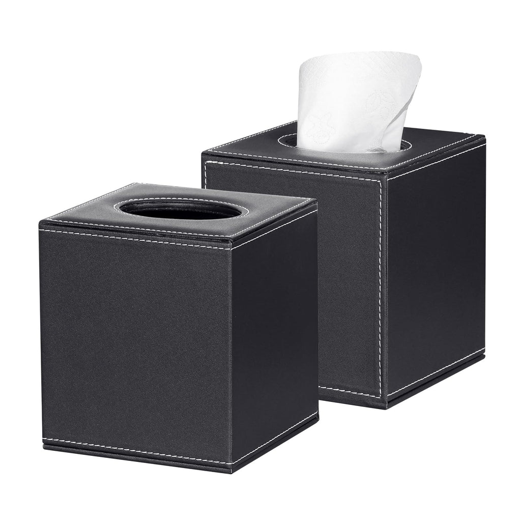 ArcaGuru Tissue Box Cover Leather Tissue Box Holder Stylish Tissue Box Holder with Magnetic Bottom Square Tissue Box for Vanity Toilet Tank Counter Night Stand Desk Office Car Black 2 Pack - Inflight Essentials