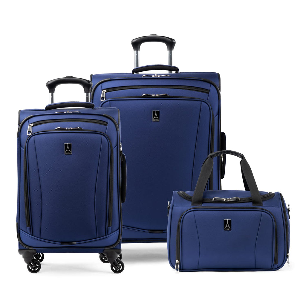 Travelpro Runway 3 piece Luggage Set Carry on UnderSeat Luggage Soft Tote Carry - on & Convertible Medium to Large 28 - Inch Check - in Expandable Luggage 4 Spinner Wheels Softside Suitcase Blue - Inflight Essentials