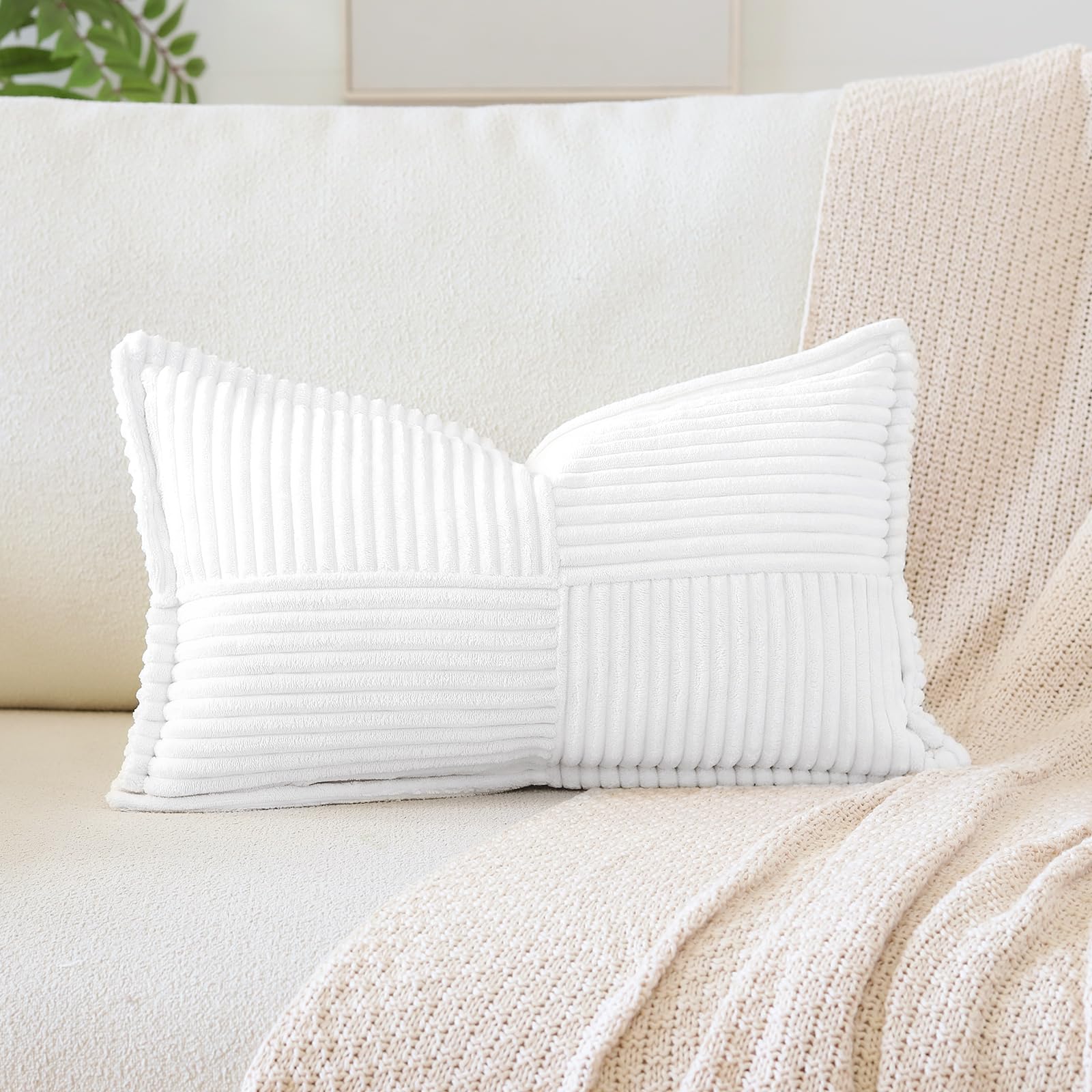 OTOSTAR Striped Corduroy Throw Pillow Covers with Splicing Super Soft Boho Pillow Covers Broadside Decorative Textured Throw Pillows for Couch Sofa Bed Living Room 12x20 Inch White - Inflight Essentials