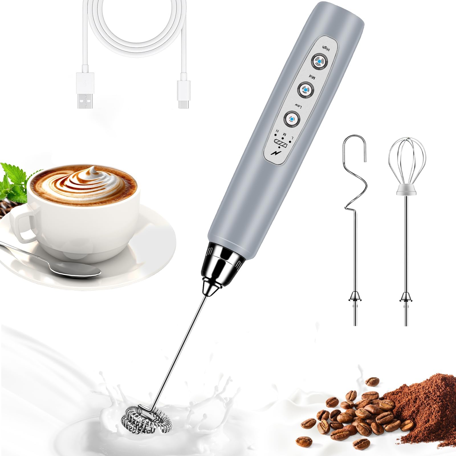 BSRGMS Milk Frother Handheld for Coffee Electric Whisk 3 Speed Adjustable Drink Mixer with Stainless 3 Whisks Rechargeable Hand Frother Wand Foam Maker for Latte Cappuccino Hot Chocolate Egg - Inflight Essentials