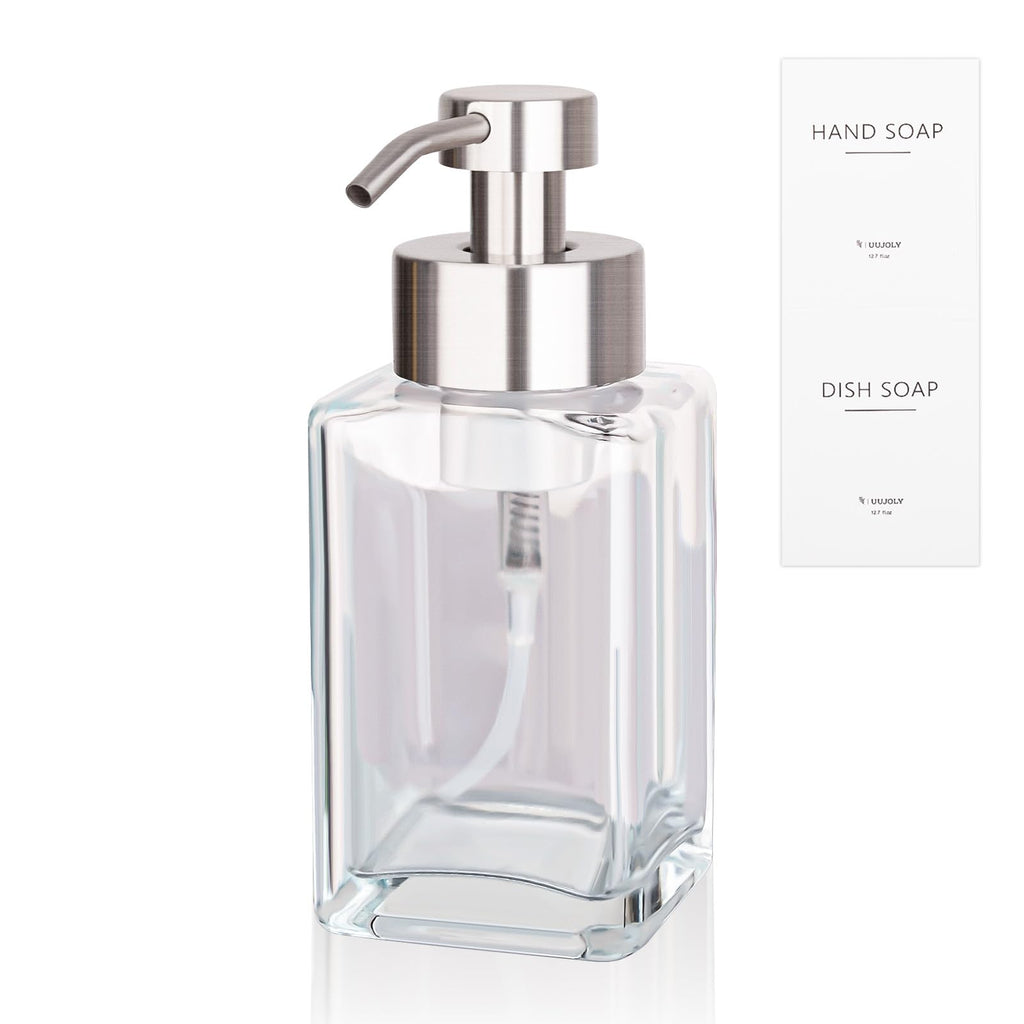 Foaming Soap Dispenser with Stainless Steel Pump 12oz Refillable Glass Liquid Dish Soap Bottles for Bathroom Kitchen Sink Home Decor - Inflight Essentials