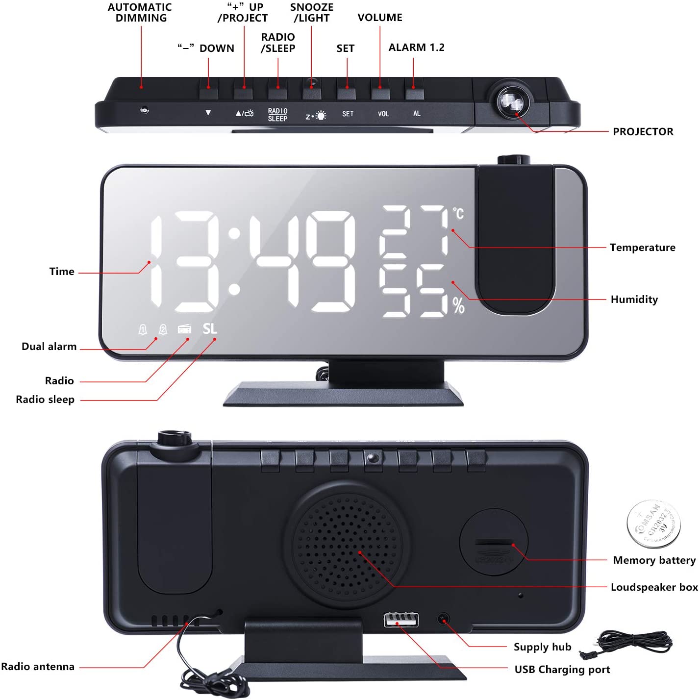 LED Projection Digital Alarm Clock Phone Charger - Inflight Essentials