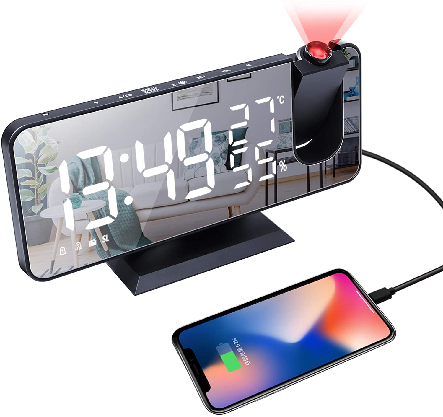 LED Projection Digital Alarm Clock Phone Charger - Inflight Essentials
