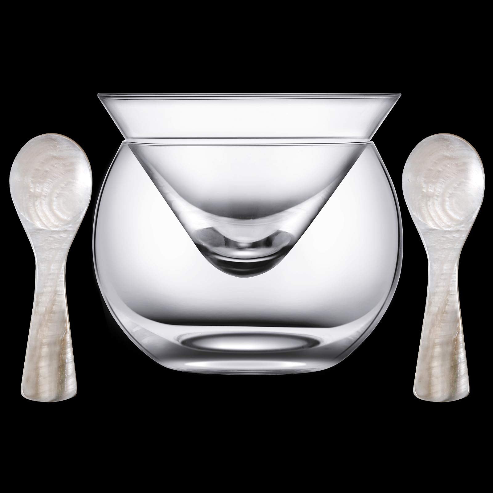 Glass Caviar Chiller Server Set and 2 Pieces Caviar Spoons 3.2 Inch Shell Spoon Mother of Pearl Caviar Spoons Round Handle for Caviar Egg Ice Cream Coffee Restaurant Serving - Inflight Essentials