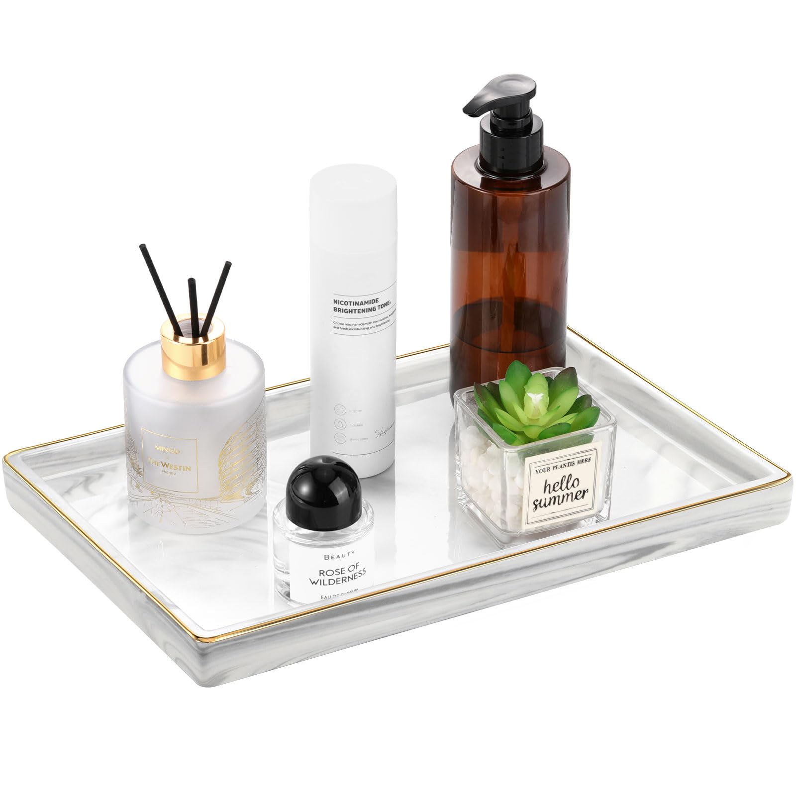 Luxspire Bathroom Vanity Tray 12inch Marble Ceramic Bathroom Trays for Counter Gold and White Tray for Dresser Kitchen Counter Tray Perfume Tray Bathroom Accessories Large Marble White - Inflight Essentials