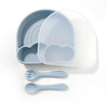 Made by Tushi | Cloud & Rainbow Silicone Feeding Set | Silicone Plates | Toddler Dishes | Silicone Suction Plates | Baby Dishes| Spoon Fork Lid | Food Grade Silicone | (Ice Blue) - Inflight Essentials