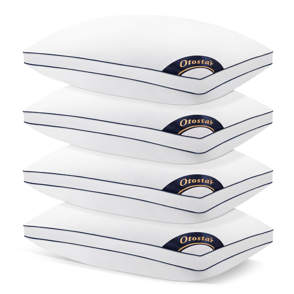 OTOSTAR Pillows Queen Size Set of 4 Bed Pillows for Sleeping Cooling Pillows 4 Pack with 3D Microfiber Filling Breathable Cover Pillows for Back Stomach or Side Sleepers Soft Fluffy Pillows for Bed - Inflight Essentials