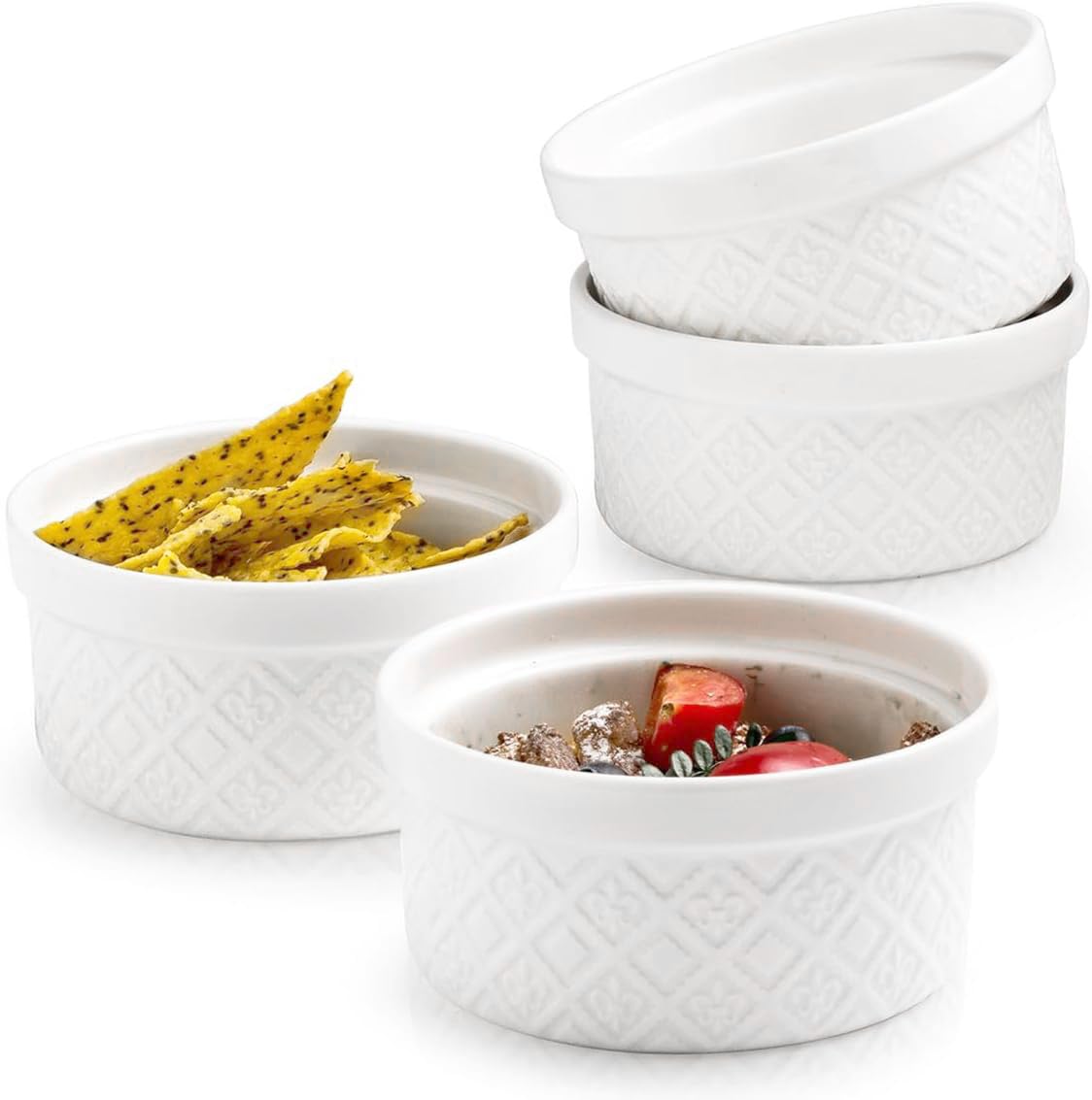 Ramekins 12 oz Ramekin for Creme Brulee Souffle Dipping Sauce Ceramic Embossment Housewarming Gift - 4.5 inch Set of 4 Arctic White - Inflight Essentials
