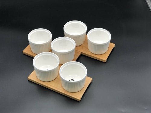 A Set Of 3 Bamboo Double Trays With 6 Fine Porcealin Ramekins To Match - Inflight Essentials