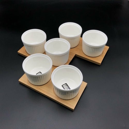 A Set Of 3 Bamboo Double Trays With 6 Fine Porcealin Ramekins To Match - Inflight Essentials