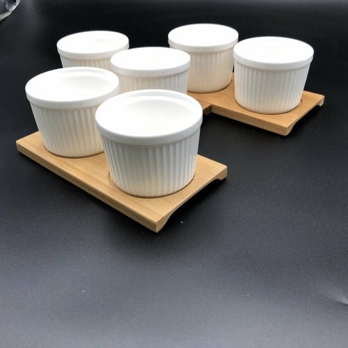A Set Of 3 Bamboo Double Trays With 6 Fine Porcealin Ramekins To Match - Inflight Essentials