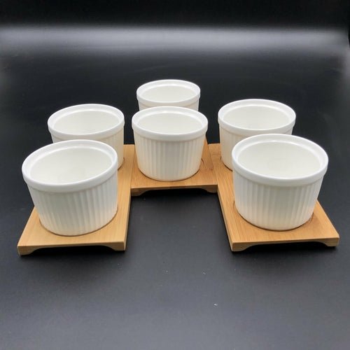 A Set Of 3 Bamboo Double Trays With 6 Fine Porcealin Ramekins To Match - Inflight Essentials