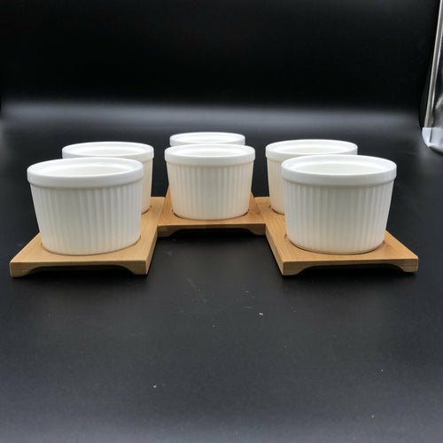 A Set Of 3 Bamboo Double Trays With 6 Fine Porcealin Ramekins To Match - Inflight Essentials