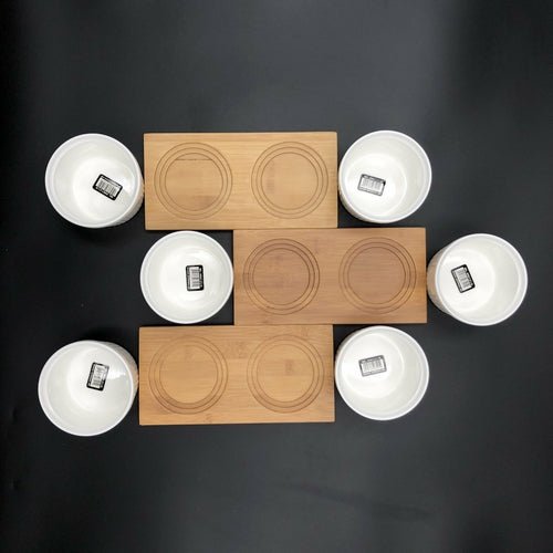 A Set Of 3 Bamboo Double Trays With 6 Fine Porcealin Ramekins To Match - Inflight Essentials