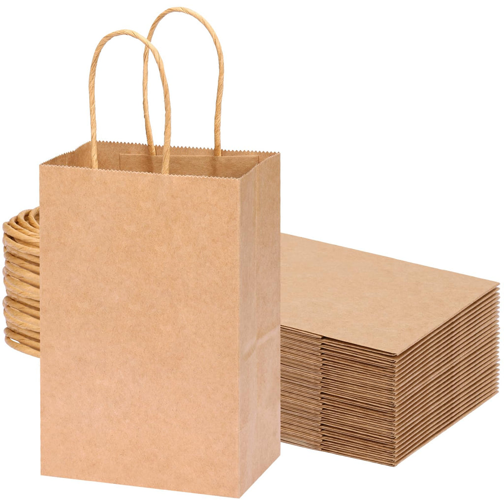 OUTUXED 25pcs Gift Bags 5.25x3.2x8 Small Paper Gift Bags Kraft Paper Bags with Handles Bulk Shopping Bags Retail Bags for Small Business Birthday Wedding Party Favor Bags Merchandise Bags Brown - Inflight Essentials