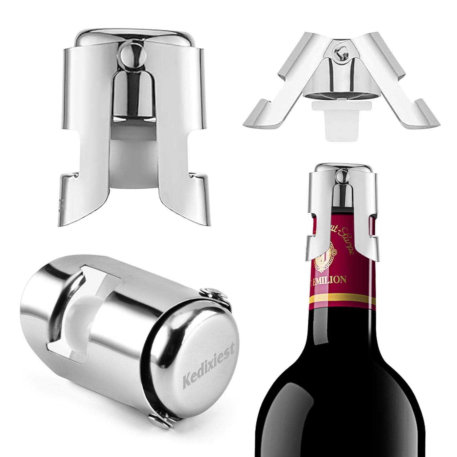 3 - Pack Leak - Proof Champagne Bottle Stoppers Stainless Steel Reusable Wine Stoppers Vacuum Sealer for Fresh Sparkling Wine - Inflight Essentials