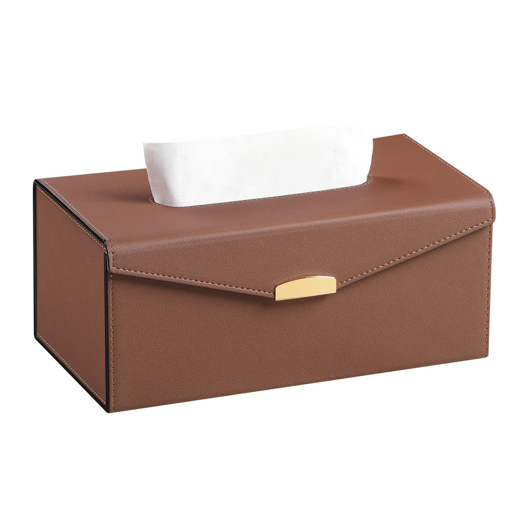 NICLNGSH PU Leather Tissue Box Cover Rectangle Foldable Tissue Box Holder for Home Office Bathroom (Brown 4.3 inches high) - Inflight Essentials