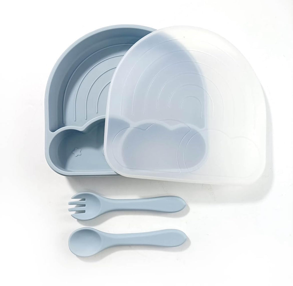 Made by Tushi | Cloud & Rainbow Silicone Feeding Set | Silicone Plates | Toddler Dishes | Silicone Suction Plates | Baby Dishes| Spoon Fork Lid | Food Grade Silicone | (Ice Blue) - Inflight Essentials