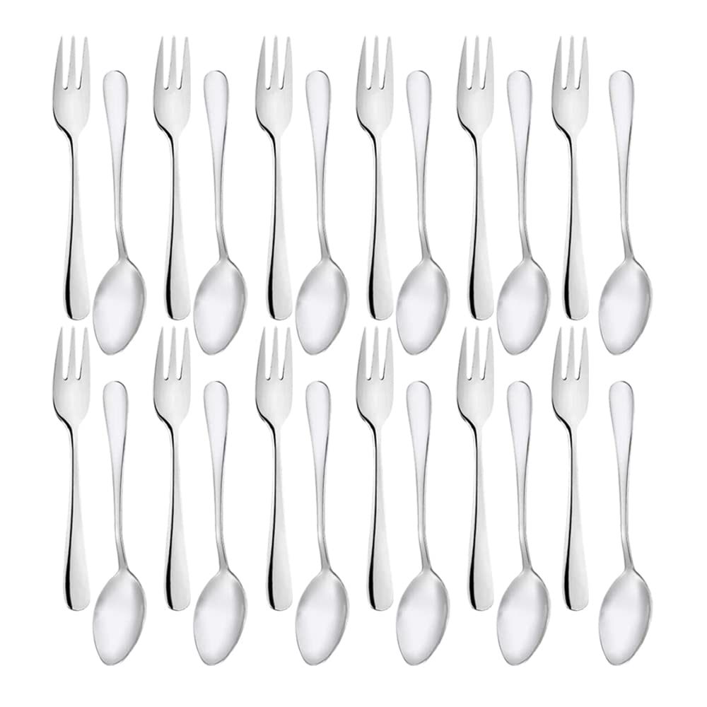 Snamonkia Small Appetizer Forks and Demitasse Spoons Stainless Steel Set of 24 5.4 Inches Salad Dessert Coffee Cocktail Espresso Flatware - Inflight Essentials