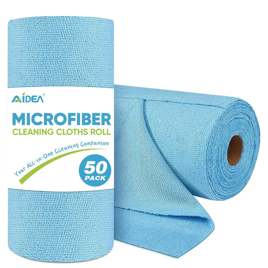 AIDEA Microfiber Cleaning Cloth Roll 50PK Blue Shop Towels Reusable Tear Away Paper Towels Washable Shop Rags Microfiber Towels for Cars Lint Free Rags for House Mechanic Workshops 11.5"×11.5" - Inflight Essentials