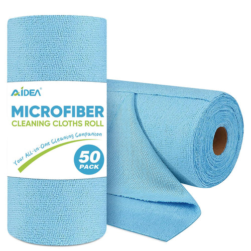 AIDEA Microfiber Cleaning Cloth Roll 50PK Blue Shop Towels Reusable Tear Away Paper Towels Washable Shop Rags Microfiber Towels for Cars Lint Free Rags for House Mechanic Workshops 11.5"×11.5" - Inflight Essentials