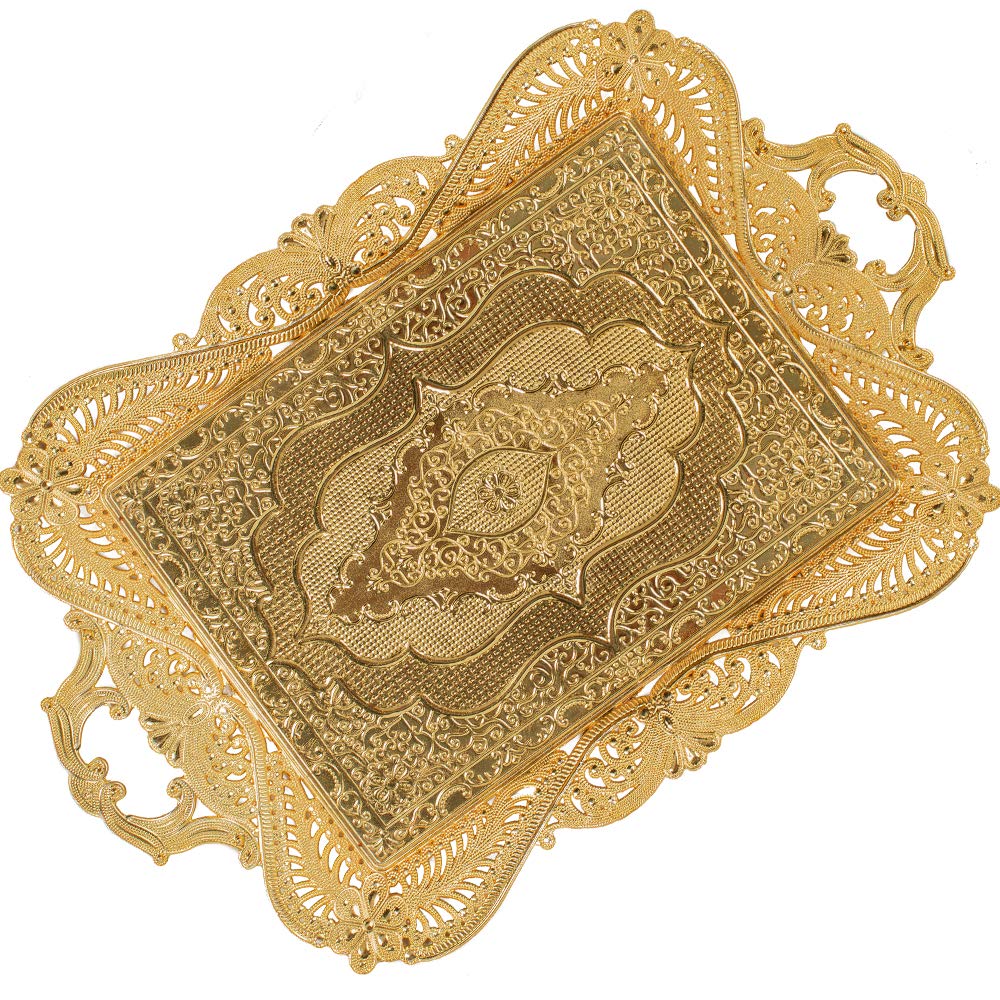 Gold Turkish Coffee Tea Serving Tray Decorative Table Decor Tray Centerpiece Tray Dining Table Tray Kitchen Counter Decor Tray Wedding Tray Bar Handle Rectangle Home Decor Decoration - Inflight Essentials