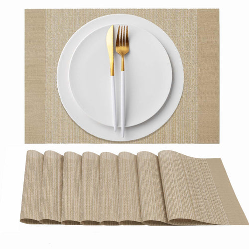 AHHFSMEI Placemats Set of 8 Woven Vinyl Plastic 18.1x13 inches Place Mats Non - Slip Heat Resistant Washable Easy Clean Table Mats(Light Brown 8) - Inflight Essentials