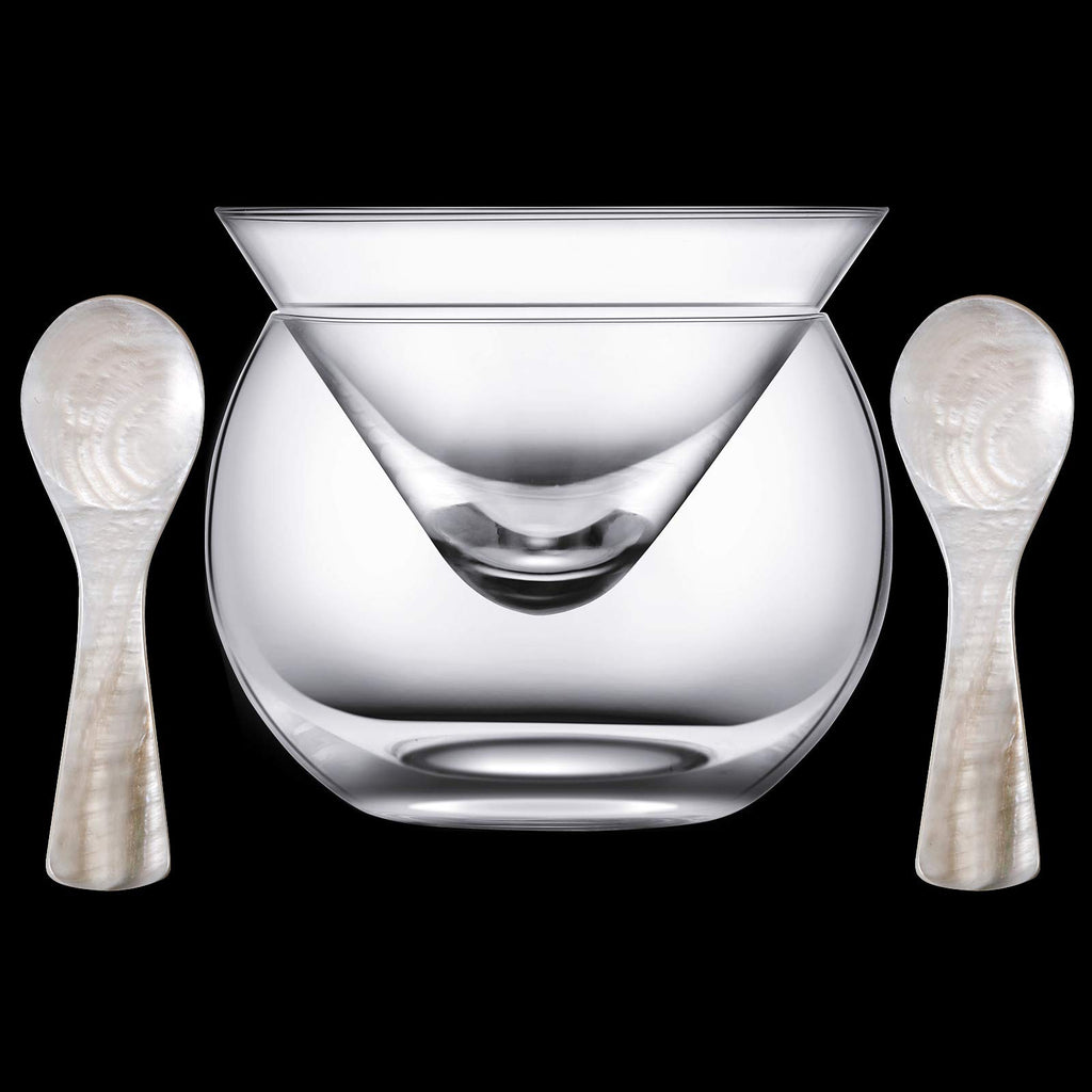 Glass Caviar Chiller Server Set and 2 Pieces Caviar Spoons 3.2 Inch Shell Spoon Mother of Pearl Caviar Spoons Round Handle for Caviar Egg Ice Cream Coffee Restaurant Serving - Inflight Essentials
