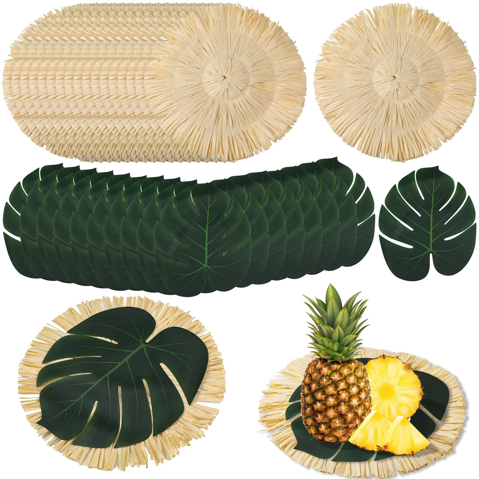 Sunnychicc 36pcs Luau Placemats and Palm Placemat Round Luau Fringe Place Mats Tropical Palm Leaf Place Mats Bulk Summer Hawaiian Plate Chargers Table Placemats Tropical Party Supplies - Inflight Essentials