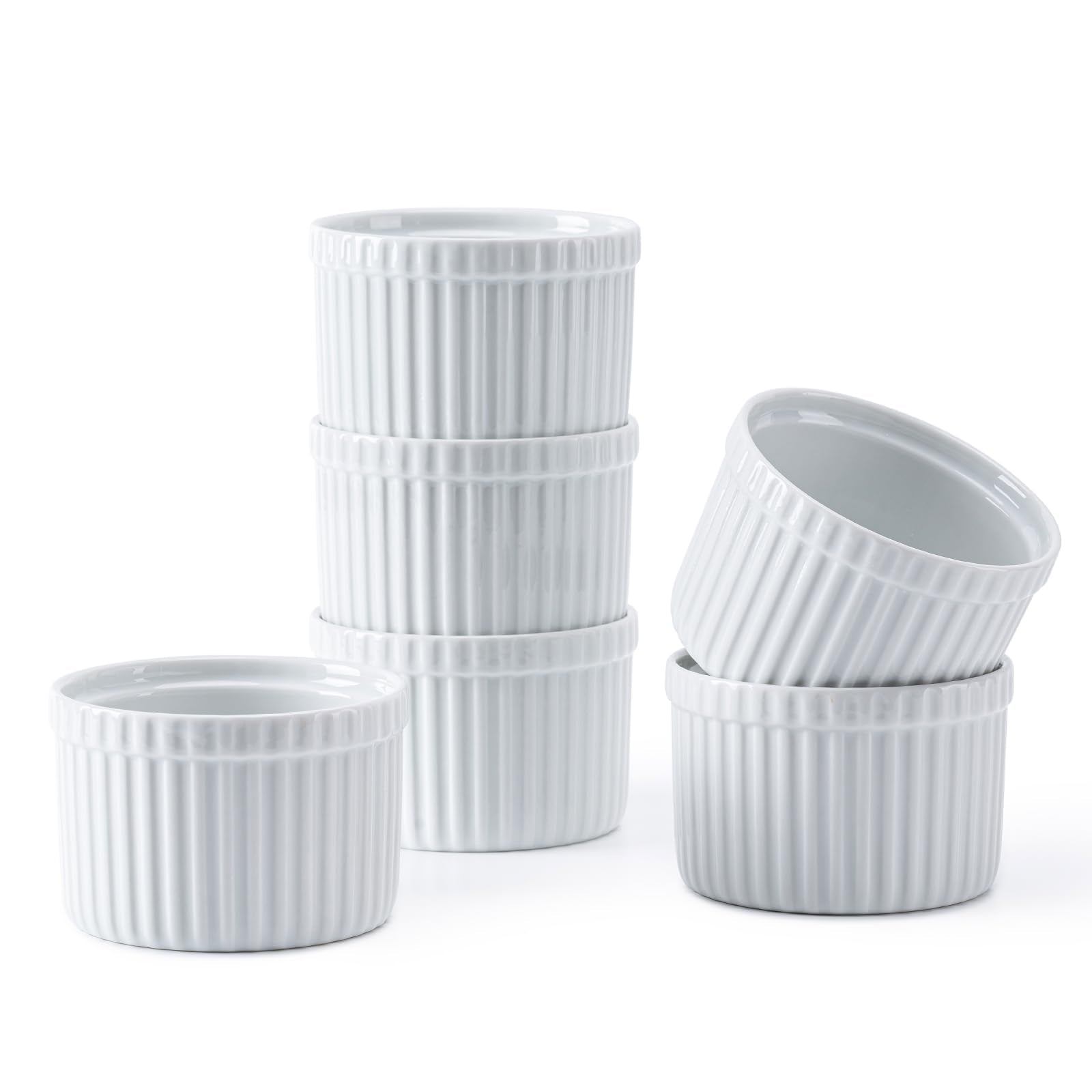 Amrules Ramekins 4 oz Ramekin Set of 6 for Creme Brulee White Ceramic Ramekins Bowls with Embossed Strips Fluted Small bowl Cups Oven Safe for Baking Custard Pudding Muffins Cake - Inflight Essentials
