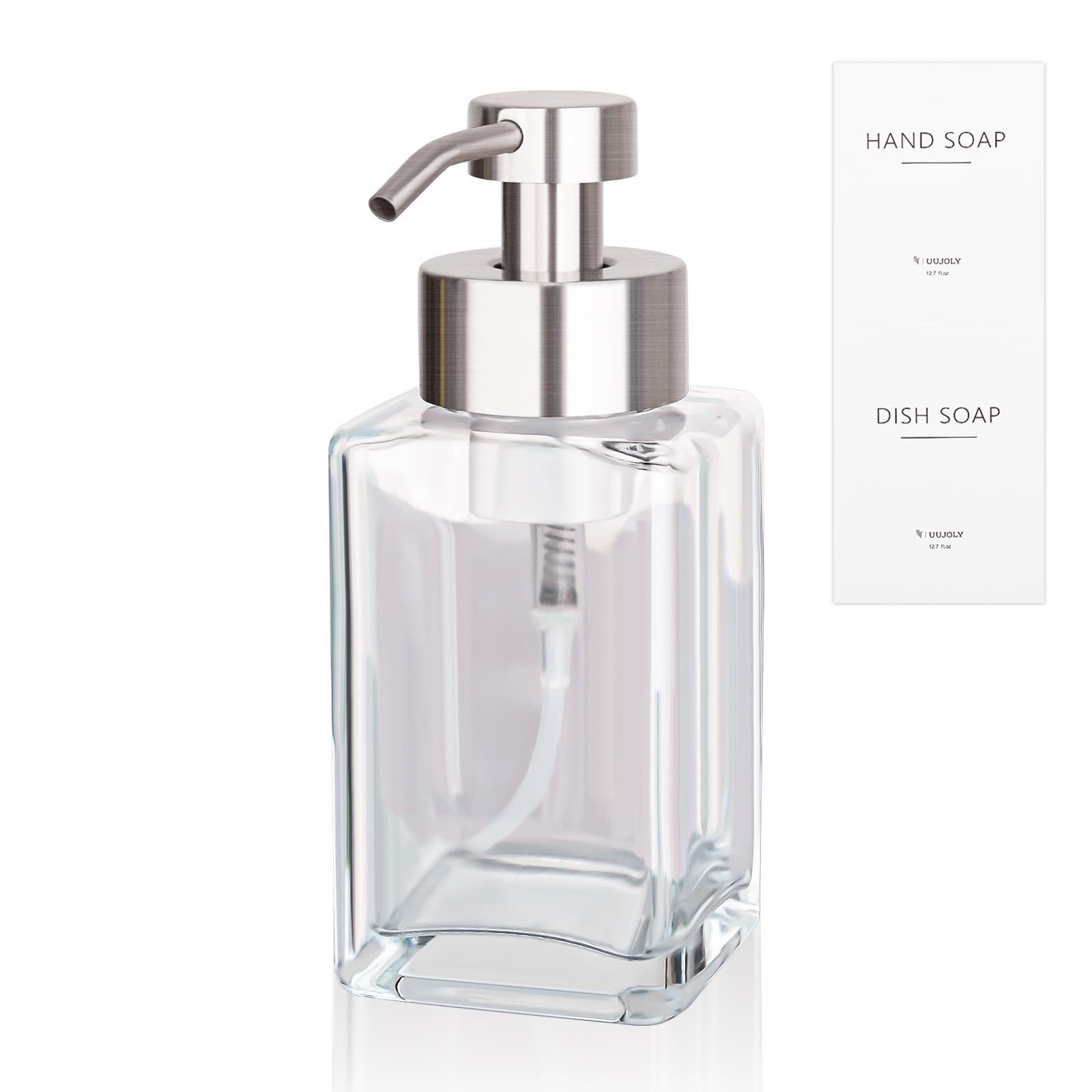 Foaming Soap Dispenser with Stainless Steel Pump 12oz Refillable Glass Liquid Dish Soap Bottles for Bathroom Kitchen Sink Home Decor - Inflight Essentials