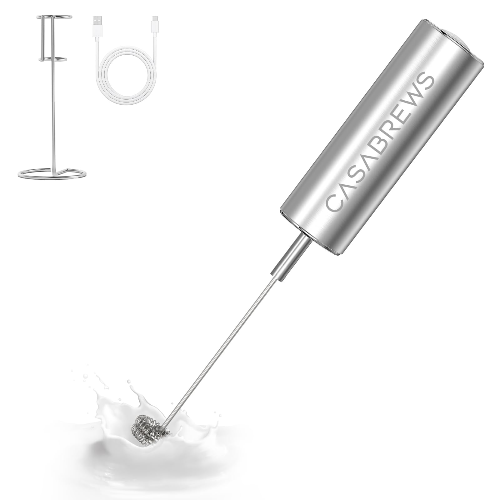 CASABREWS Milk Frother Wand Handheld Stainless Steel Coffee Frother Powerful Drink Mixer with Stand Rechargeable Electric Whisk with 3 Speeds for Lattes Cappuccinos Matcha and Hot Chocolate - Inflight Essentials