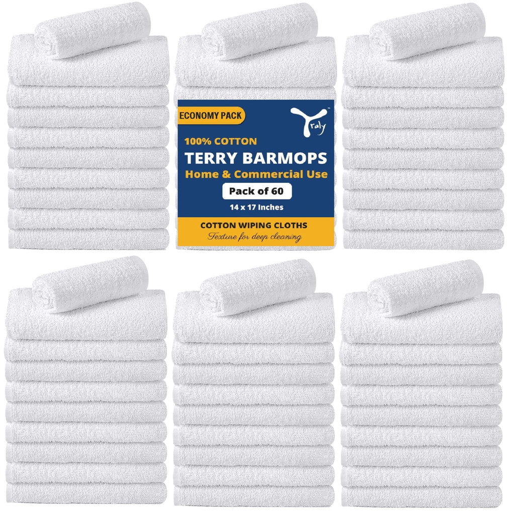 YRALY Terry Bar Mop Towels (Pack of 60) – Absorbent and Quick Drying Commercial - Grade Cotton Cleaning Towels Cleaning Rags for Kitchen Bar – Reusable Shop Rags 14”x17” White - Inflight Essentials