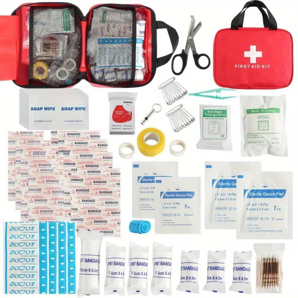 173pcs Large First Aid Kit: Portable Bag For Outdoor Hunting, Hiking, Camping And More - Including Emergency Supplies! - Inflight Essentials